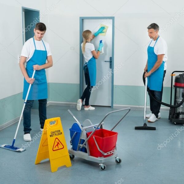 janitors cleaning corridor